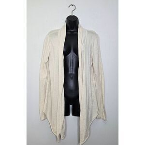 Prana Sweater Cardigan Size Large Cream Knit Open Front Flowy Waterfall Hem